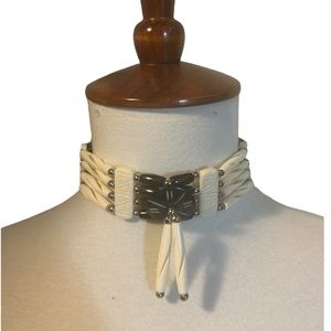 Choker Necklace Hairpipe Carved Bone Horn Silver Tone Beads 4 Rows Unisex